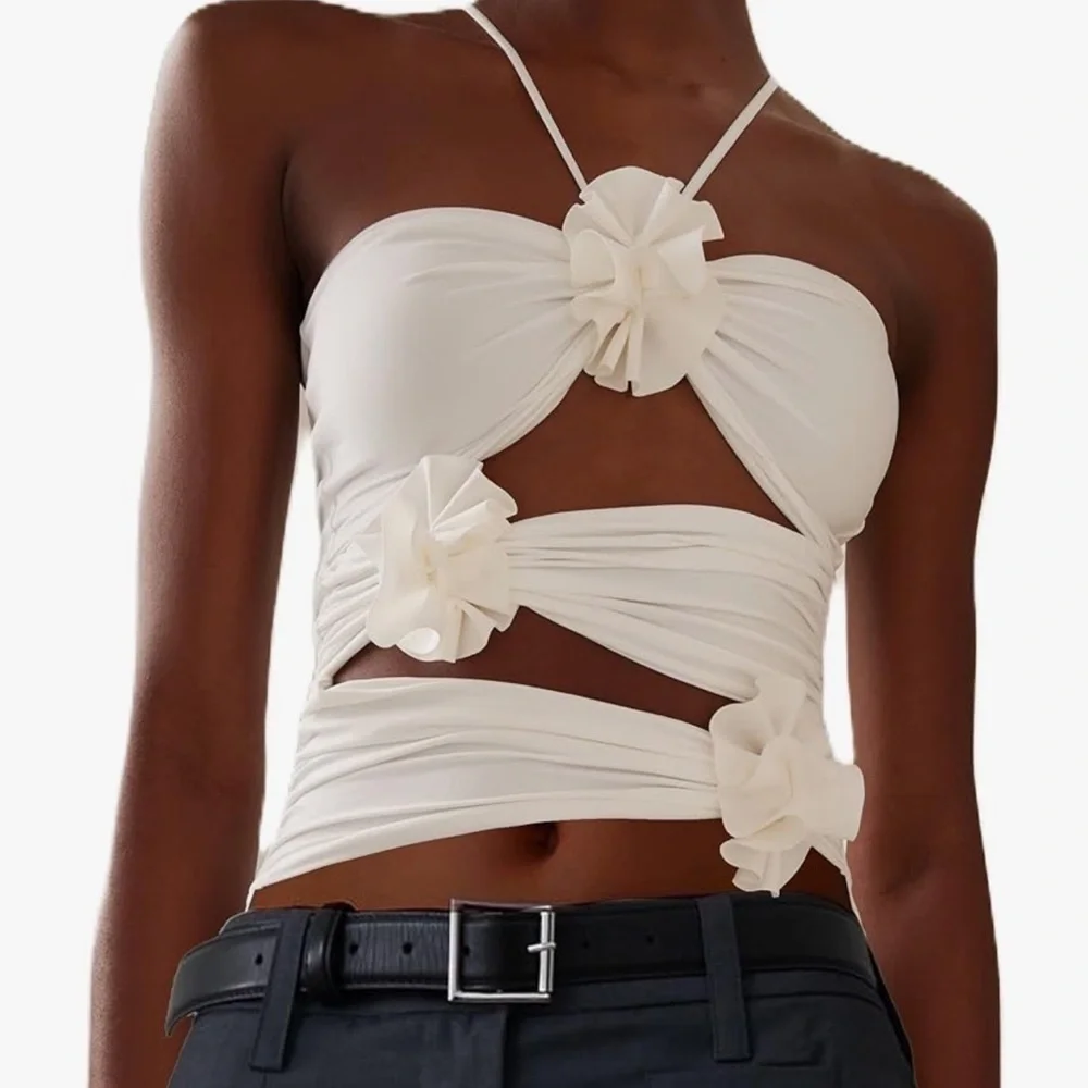 Off White: Open Front Top w/ Ruffle Flowers: Size Small. - Picture 2 of 6